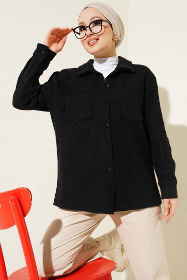 Göğüs Cepli Kaşe Gömlek Siyah - Gömlek