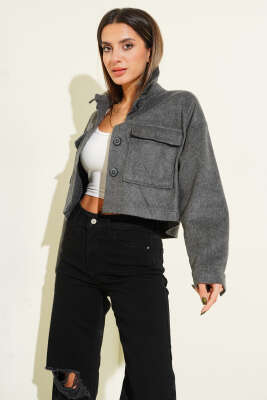 Göğüs Cepli Kısa Kaşe Ceket Füme 