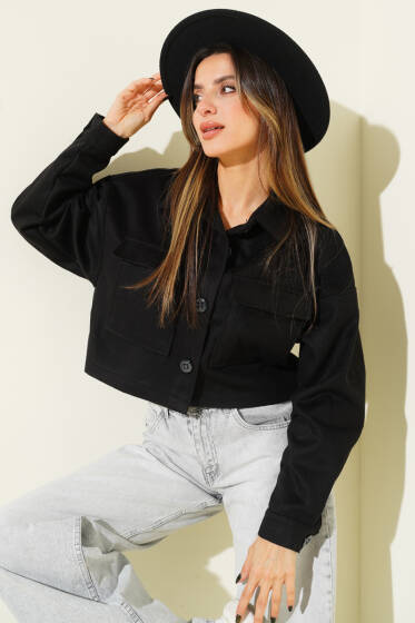 Göğüs Cepli Kısa Kaşe Ceket Siyah - Kadın Giyim Modelleri