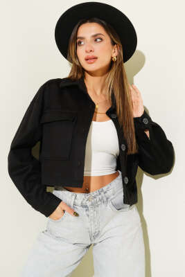 Göğüs Cepli Kısa Kaşe Ceket Siyah - Kadın Giyim Modelleri