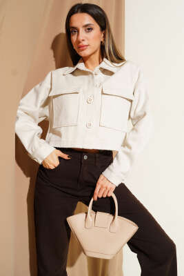 Göğüs Cepli Kısa Kaşe Ceket Taş - Kadın Giyim Modelleri