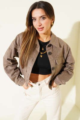 Göğüs Cepli Kısa Kaşe Ceket Vizon - Kadın Giyim Modelleri