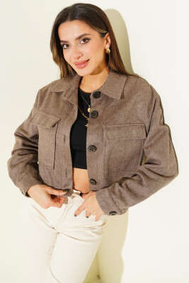 Göğüs Cepli Kısa Kaşe Ceket Vizon - Kadın Giyim Modelleri