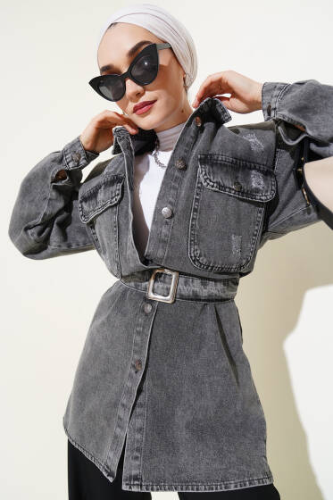 Göğüs Cepli Kuşaklı Kot Ceket Füme - Ceket