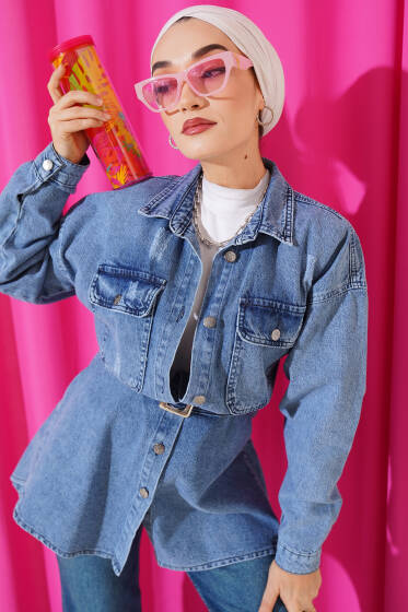 Göğüs Cepli Kuşaklı Kot Ceket Kot - Ceket