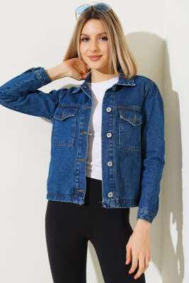 Göğüs Cepli Metal Düğmeli Kısa Kot Ceket Kot Mavisi - Kadın Giyim Modelleri