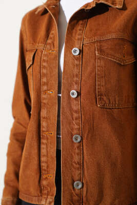 Göğüs Cepli Metal Düğmeli Kısa Kot Ceket Taba - Kadın Giyim Modelleri