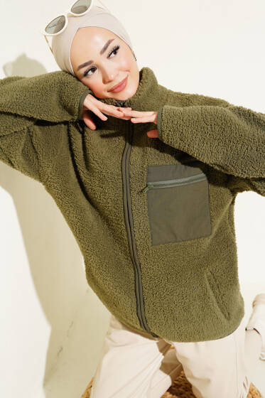 Göğüs Cepli Peluş Hırka Haki - Hırka
