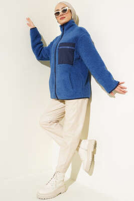 Göğüs Cepli Peluş Hırka İndigo - Yelek