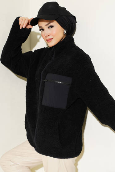 Göğüs Cepli Peluş Hırka Siyah - Hırka