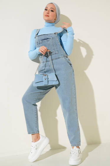 Göğüs Cepli Salopet Kot Mavisi - Tesettür Tulum & Salopet