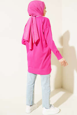 Göğüs Cepli Taşlı Triko Tunik Fuşya - Triko Tunik