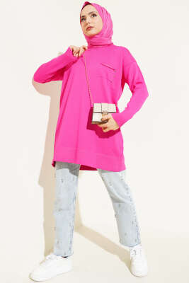 Göğüs Cepli Taşlı Triko Tunik Fuşya - Triko Tunik