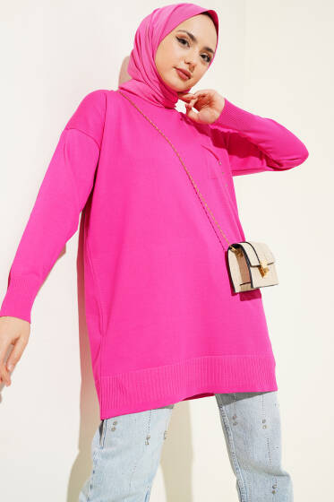 Göğüs Cepli Taşlı Triko Tunik Fuşya - Tunik