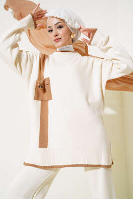 Göğüs Cepli Triko İkili Takım Bej - Triko İkili Takım