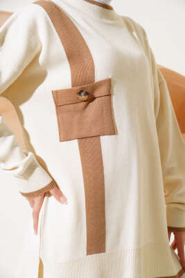 Göğüs Cepli Triko İkili Takım Bej - Triko İkili Takım