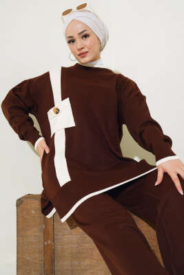 Göğüs Cepli Triko İkili Takım Kahve - Triko İkili Takım