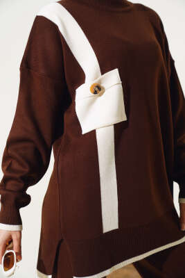 Göğüs Cepli Triko İkili Takım Kahve - Triko İkili Takım