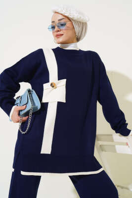 Göğüs Cepli Triko İkili Takım Lacivert 