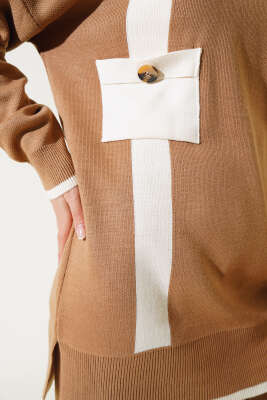 Göğüs Cepli Triko İkili Takım Latte - Triko İkili Takım