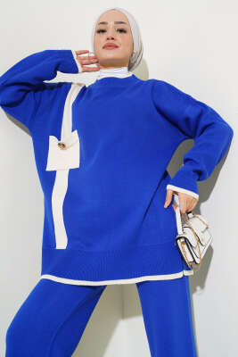 Göğüs Cepli Triko İkili Takım Saks - Triko İkili Takım