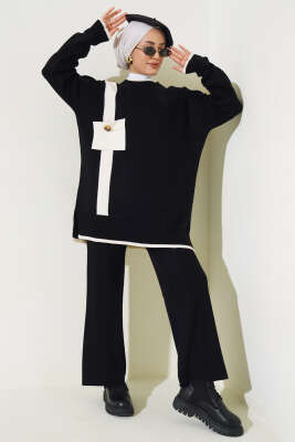 Göğüs Cepli Triko İkili Takım Siyah - Triko İkili Takım