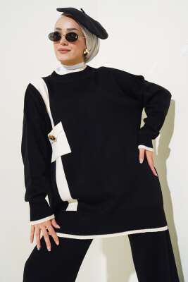 Göğüs Cepli Triko İkili Takım Siyah - Triko İkili Takım