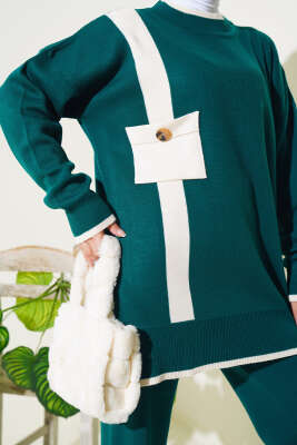 Göğüs Cepli Triko İkili Takım Zümrüt - Triko İkili Takım