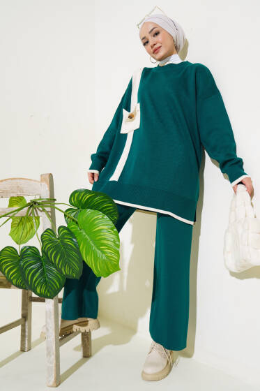 Göğüs Cepli Triko İkili Takım Zümrüt - Triko