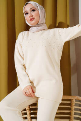 Göğüs İncili Triko İkili Takım Bej - Triko İkili Takım