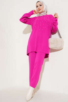 Göğüs İncili Triko İkili Takım Fuşya 
