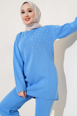 Göğüs İncili Triko İkili Takım İndigo - Triko İkili Takım