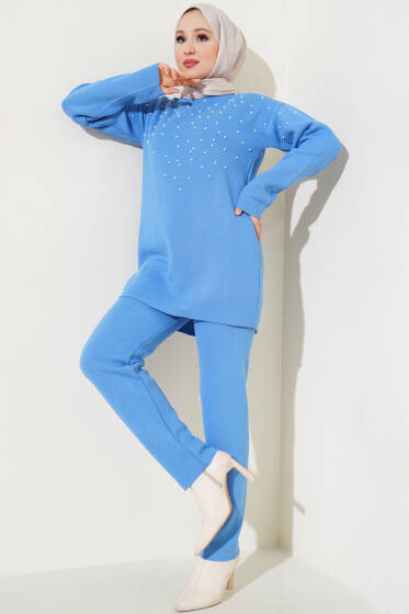 Göğüs İncili Triko İkili Takım İndigo - Triko