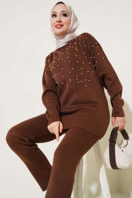 Göğüs İncili Triko İkili Takım Kahve - Triko İkili Takım