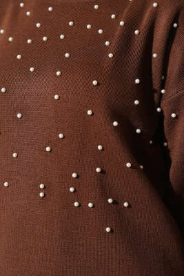 Göğüs İncili Triko İkili Takım Kahve - Triko İkili Takım