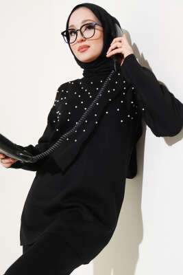 	 Göğüs İncili Triko İkili Takım Siyah - Triko İkili Takım