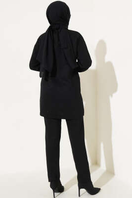 	 Göğüs İncili Triko İkili Takım Siyah - Triko İkili Takım