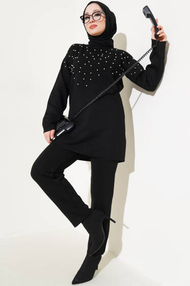 	 Göğüs İncili Triko İkili Takım Siyah - Triko