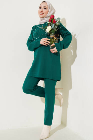 Göğüs İncili Triko İkili Takım Zümrüt - Triko İkili Takım
