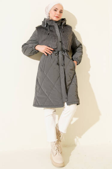Göğüs Kürklü Kapüşonlu Kapitone Mont Füme - Mont