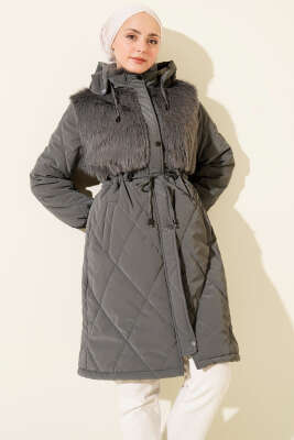 Göğüs Kürklü Kapüşonlu Kapitone Mont Füme - Mont