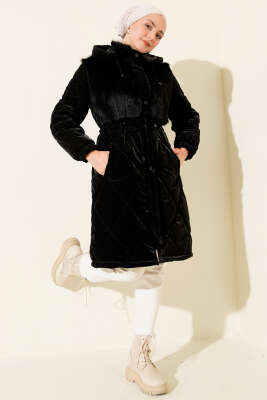 Göğüs Kürklü Kapüşonlu Kapitone Mont Siyah - Mont