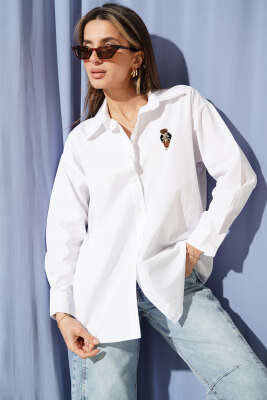 Göğüs Nakışlı Terikoton Gömlek Beyaz - DİVON