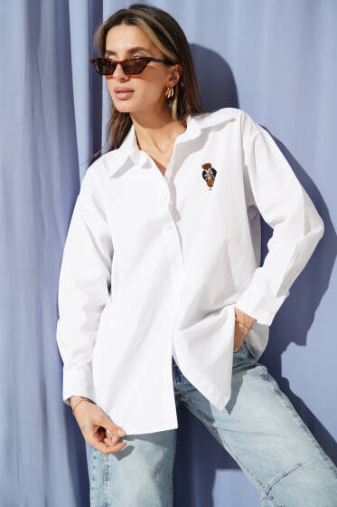 Göğüs Nakışlı Terikoton Gömlek Beyaz - Kadın Giyim Modelleri