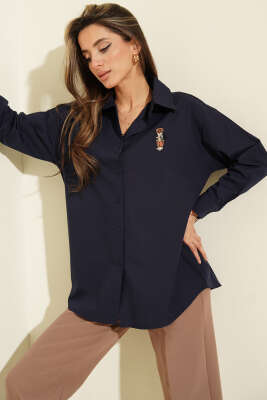 Göğüs Nakışlı Terikoton Gömlek Lacivert - DİVON