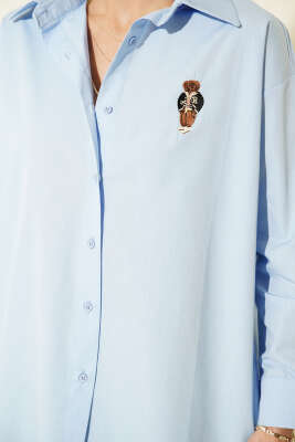 Göğüs Nakışlı Terikoton Gömlek Mavi - Kadın Giyim Modelleri