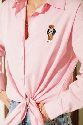 Göğüs Nakışlı Terikoton Gömlek Pembe - Kadın Giyim Modelleri