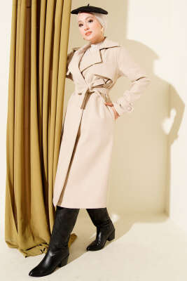 Göğüs Parça Detaylı Kaşe Kaban Bej - FİXAY