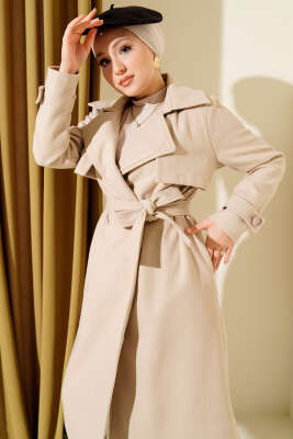 Göğüs Parça Detaylı Kaşe Kaban Bej - Kaban