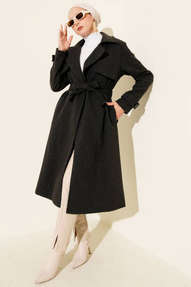 Göğüs Parça Detaylı Kaşe Kaban Füme - Kaban